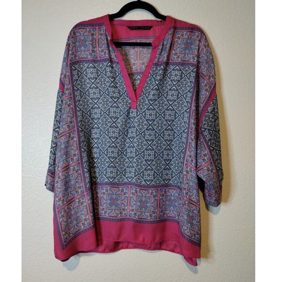 Zara Tops - ZARA Basic Size XXL Pink Blue Batik Moroccan Boxy Geometric V-Neck Blouse Top